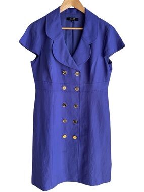 Alex Marie Linen Blend Dress Sz 12 Purple Double Breasted Gold Button Sheath EUC